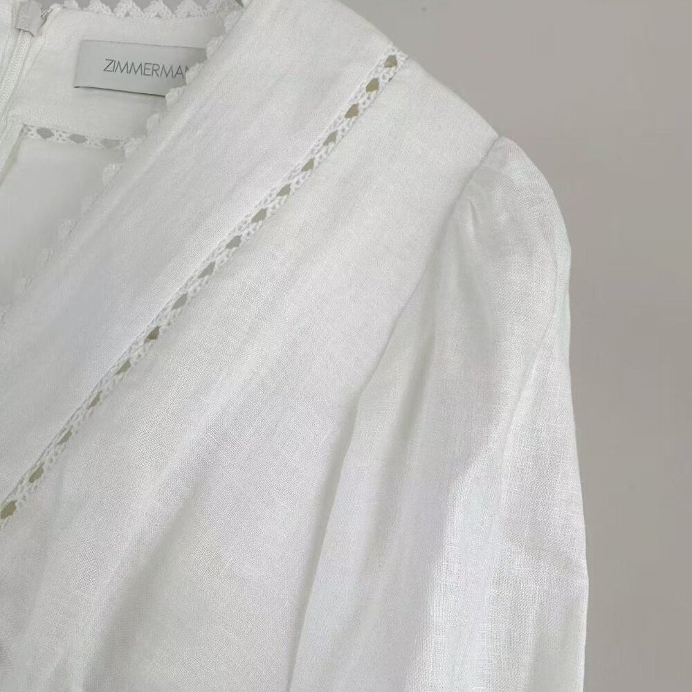 Romantic White Lace Dress: V - Neck, Puff Sleeves & Tiered Skirt - Picture 5 of 8